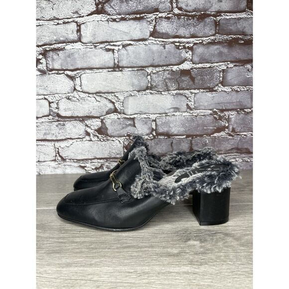 KMB Shoes - KMB Black Leather Gold Horsebit Fur lined Heel Mules Shoes Women Sz 39EU/8.5M US
